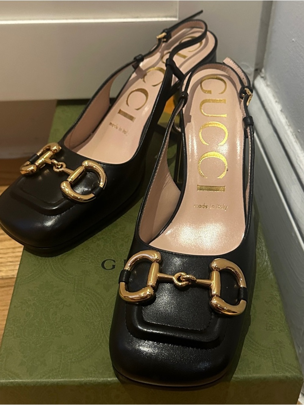 Gucci Black Leather Horsebit Slingback Pumps with Gold Hardware